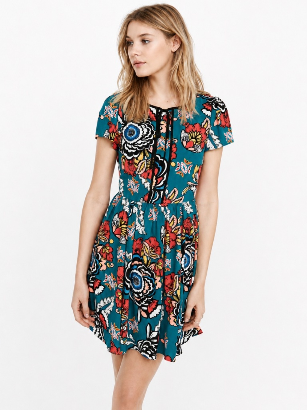 Express Teal Floral Fit & Flare Dress Size 6
